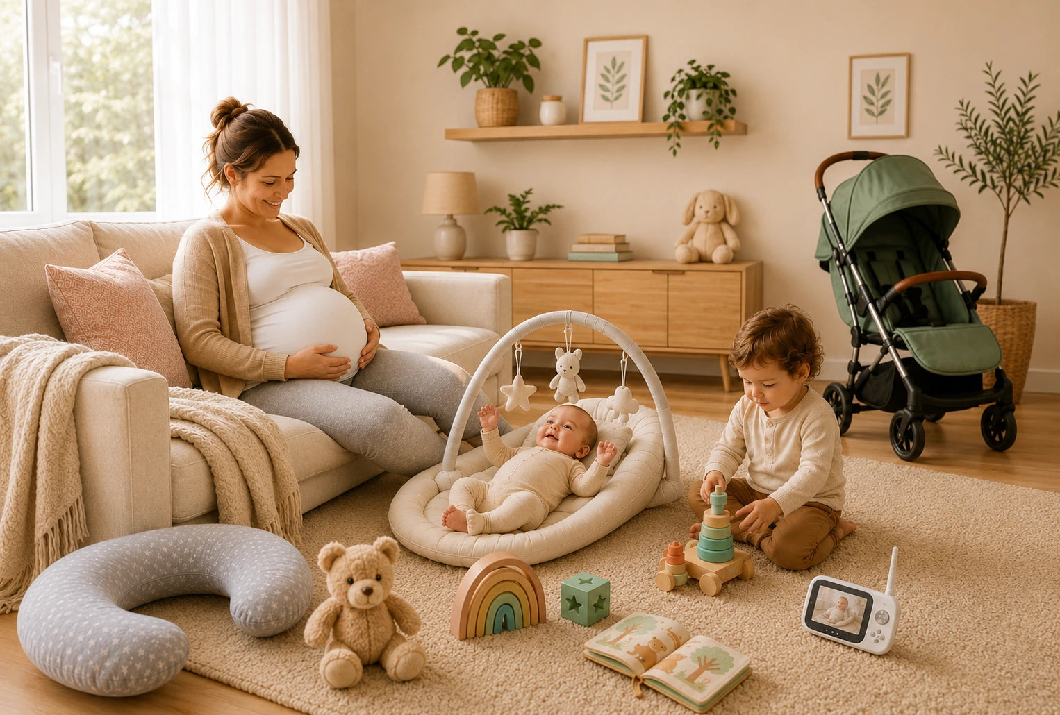 Future maman avec un bébé et un jeune enfant – produits grossesse et petite enfance
